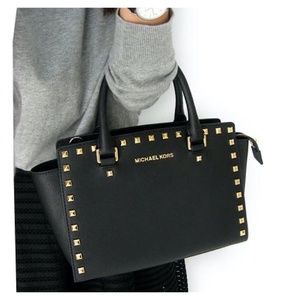 Michael Kors Selma Studded Black Saffiano Satchel